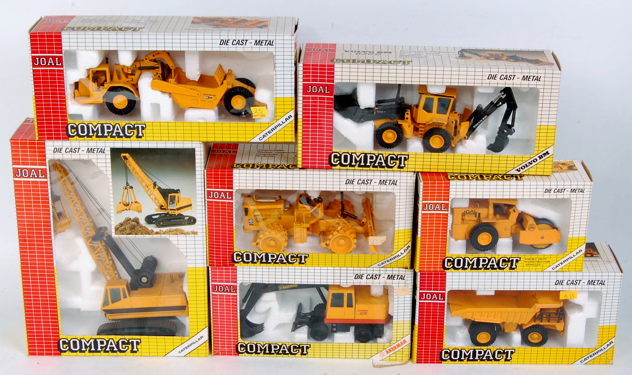 Joal Compact Construction Diecast Group, 7 boxed examples, to include CAT 773-B Dumper Truck,