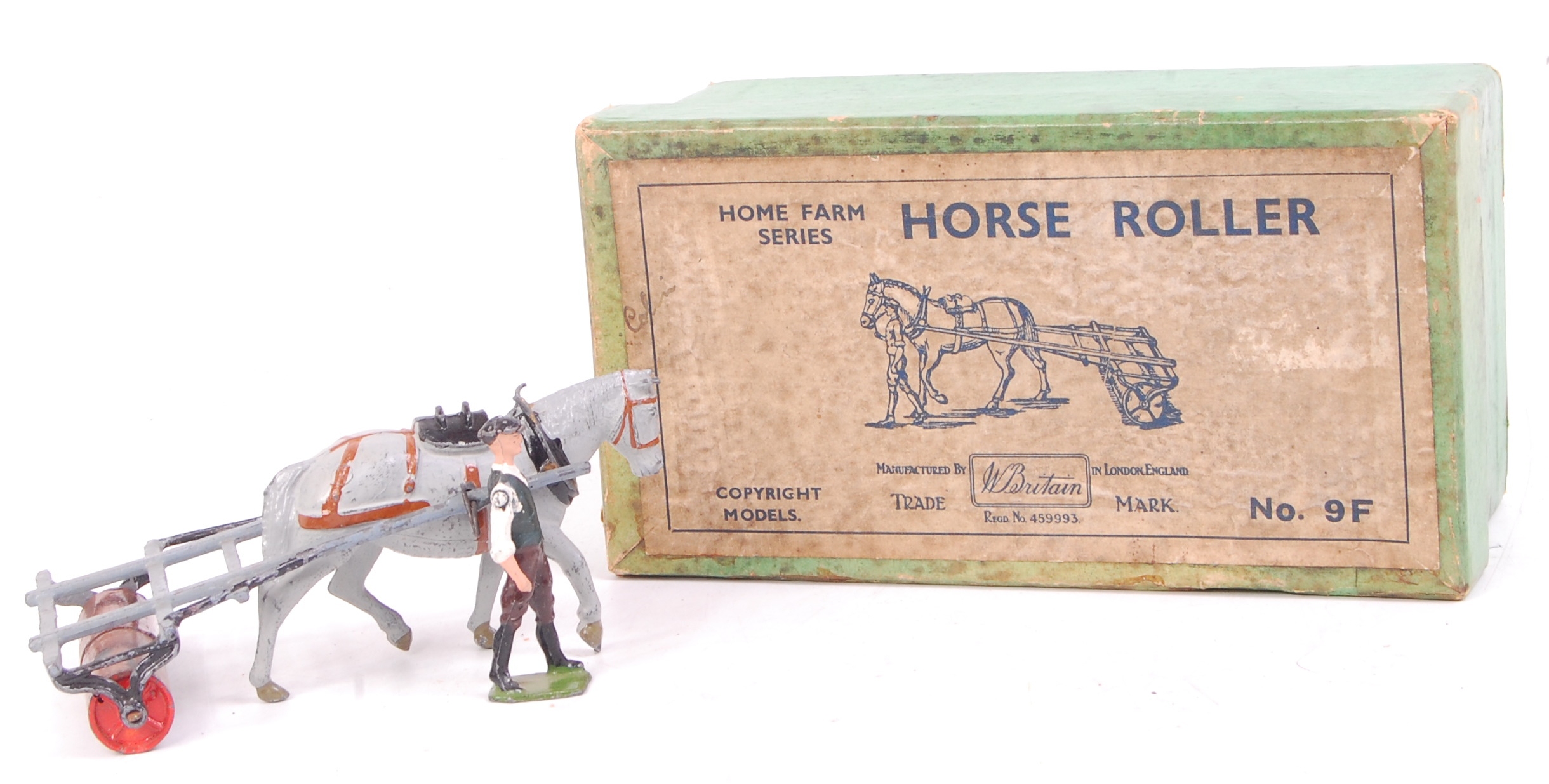 Britains 9F Farm Series horse drawn roller, comprising of horse and light blue roller,