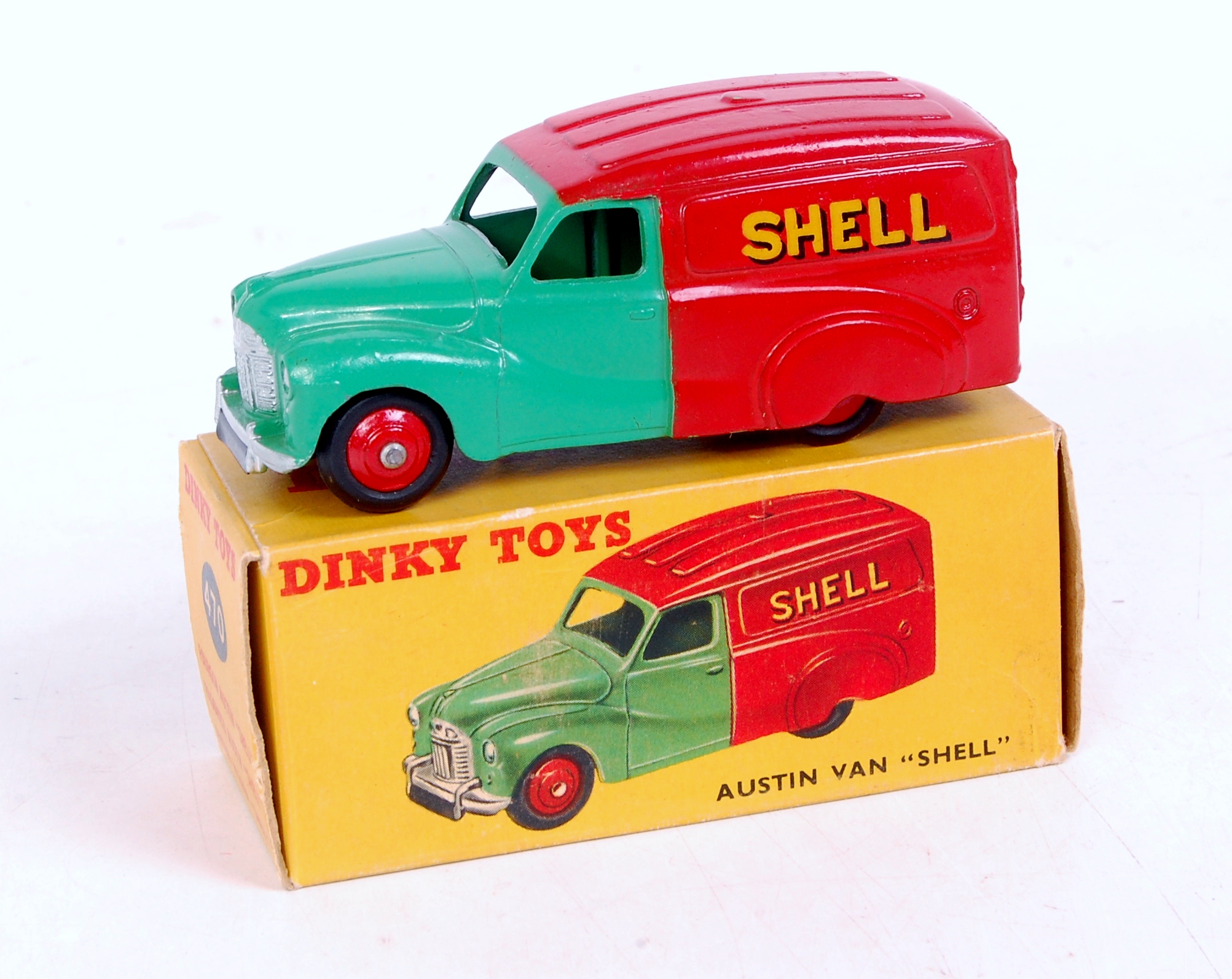 Dinky Toys, 470, Austin "Shell BP" Delivery Van, red and green body with red hubs,