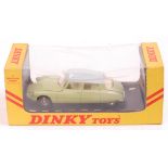 French Dinky Toys, 530, Citroen DS19, light green body, grey roof, cream interior, spun hubs,