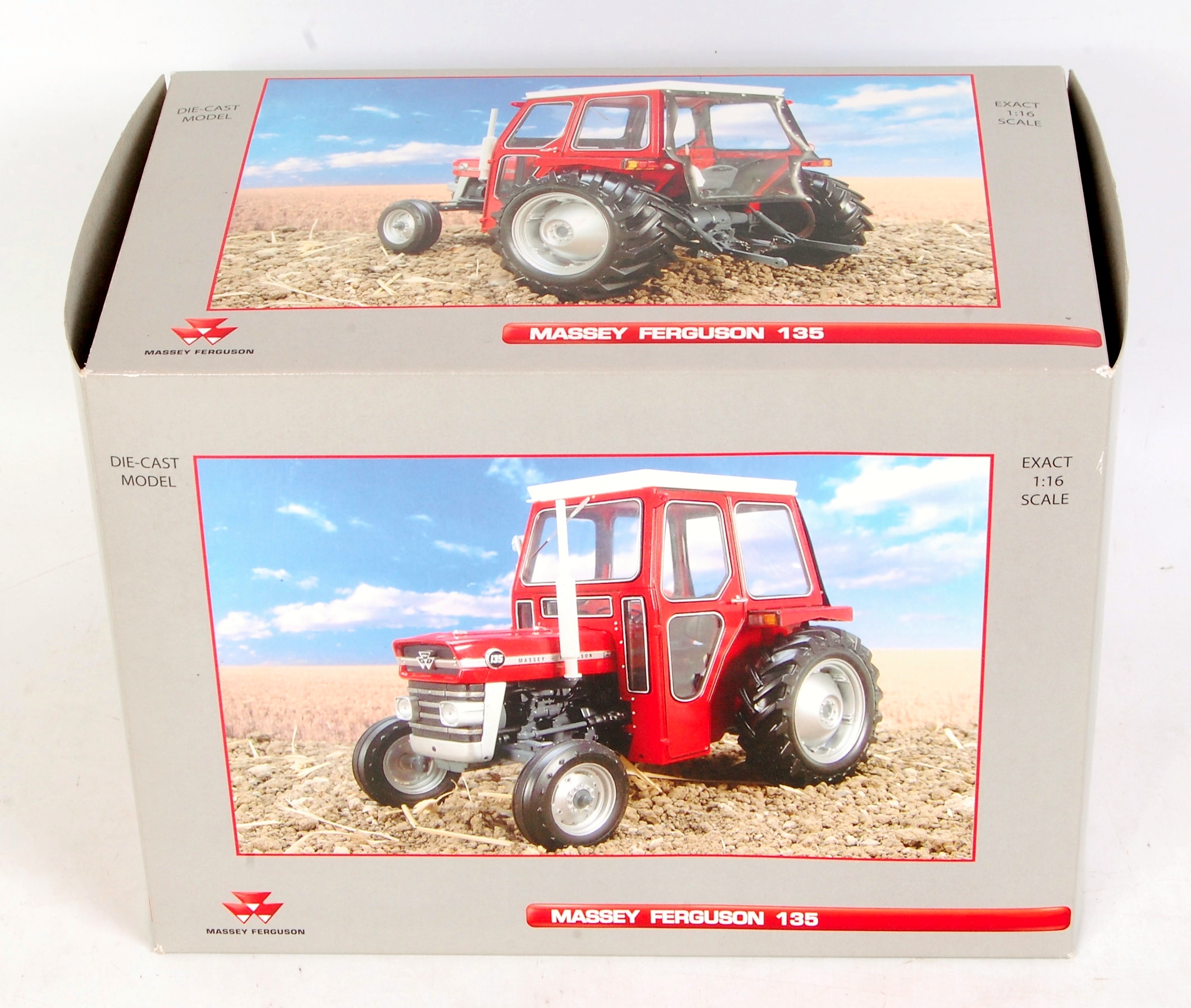 Universal Hobbies 1/16th scale model of a Massey Ferguson 135, with cab, finished in red and white,