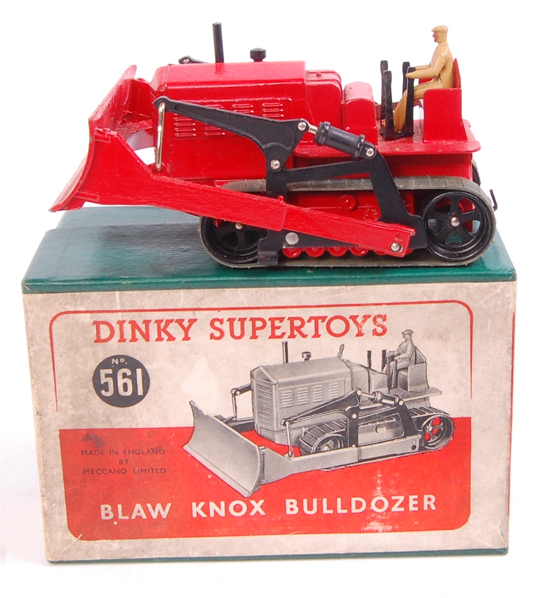 Dinky Toys, 561, Blaw Know Bulldozer, red body with driver, green tracks,