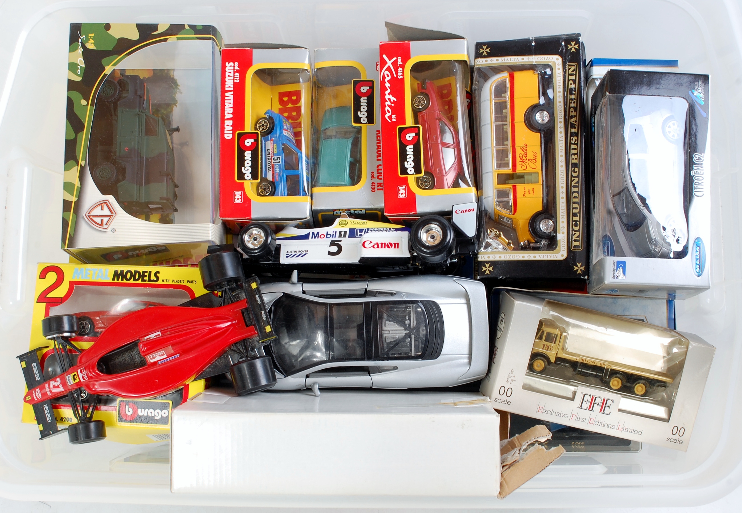 Two boxes of mixed modern issue diecast to include Bburago EFE, Maisto, Vanguards and others,