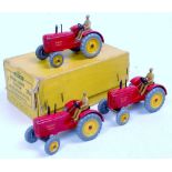 Dinky Toys, 27A Trade Box of 3 Massey Harris Tractors, all slightly play worn,