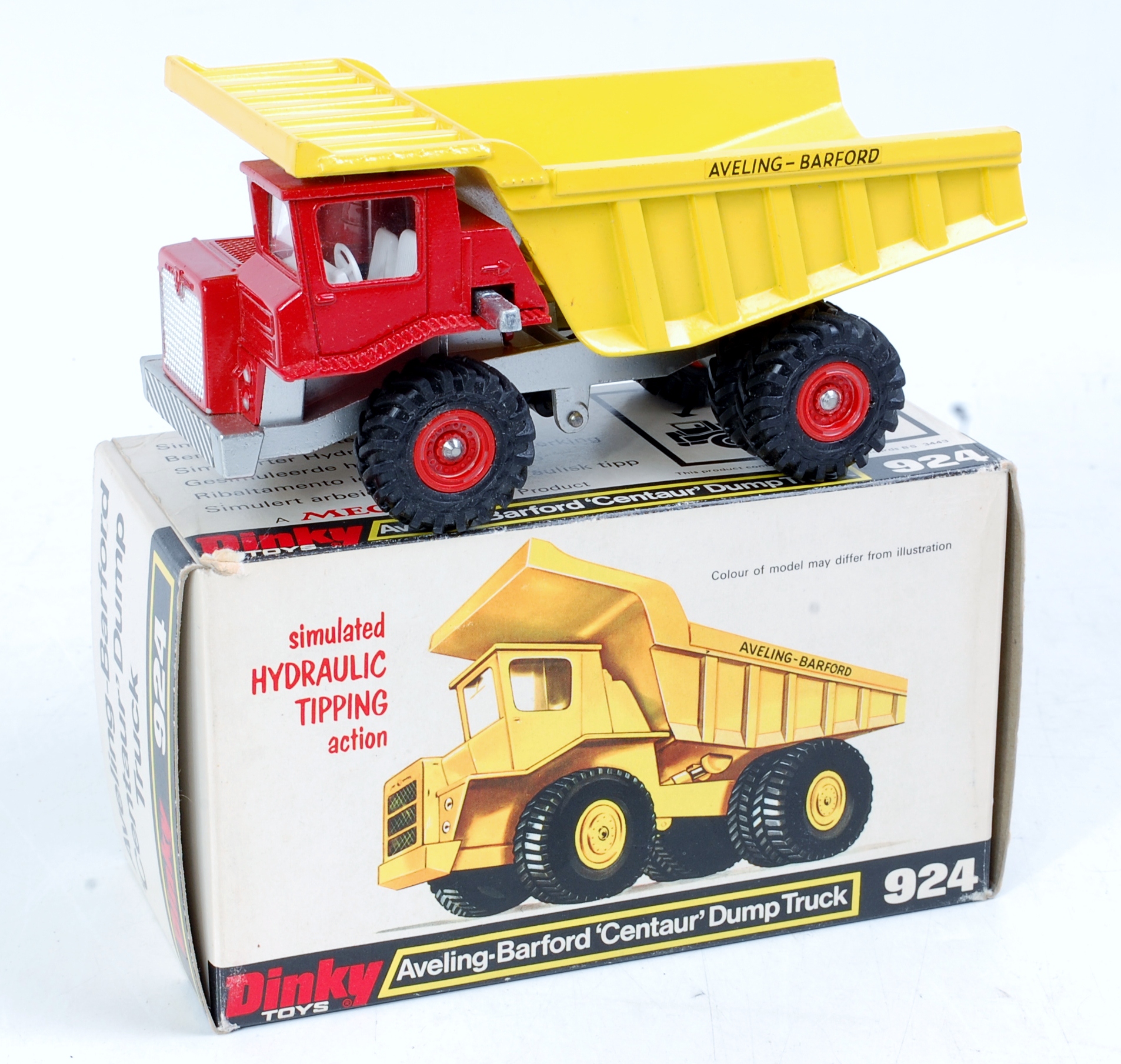 Dinky Toys, 924 Aveling Barford centaur dump truck, red cab with silver chassis,