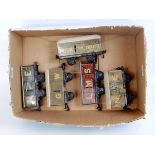 A small tray containing 5x Bing, 4 wheel vans including grey GW goods van, maroon LMS goods van,