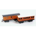 Bing LNER teak short bogie coach 1st/3rd No. 265 with white roof and a brake end No.