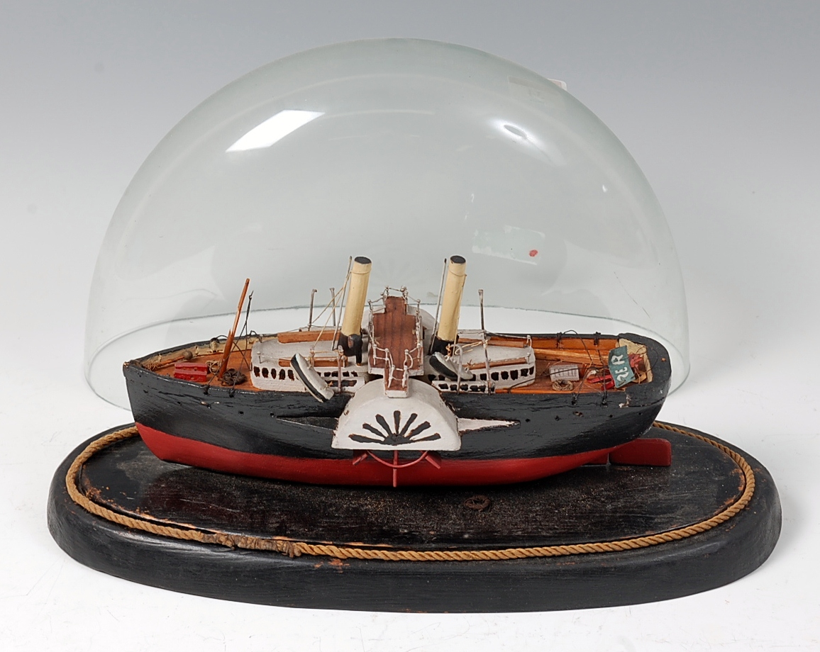 An early 20th century model of a paddle steamer with 2 funnels,