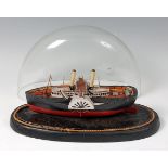 An early 20th century model of a paddle steamer with 2 funnels,