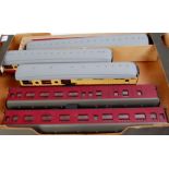 2x converted Lima Mk1 bogie coaches bodies only with 3x kit built plastic Gresley BR carmine and