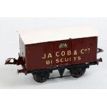 Hornby 1934-40 Jacobs Biscuits van on black standard base, maroon body,