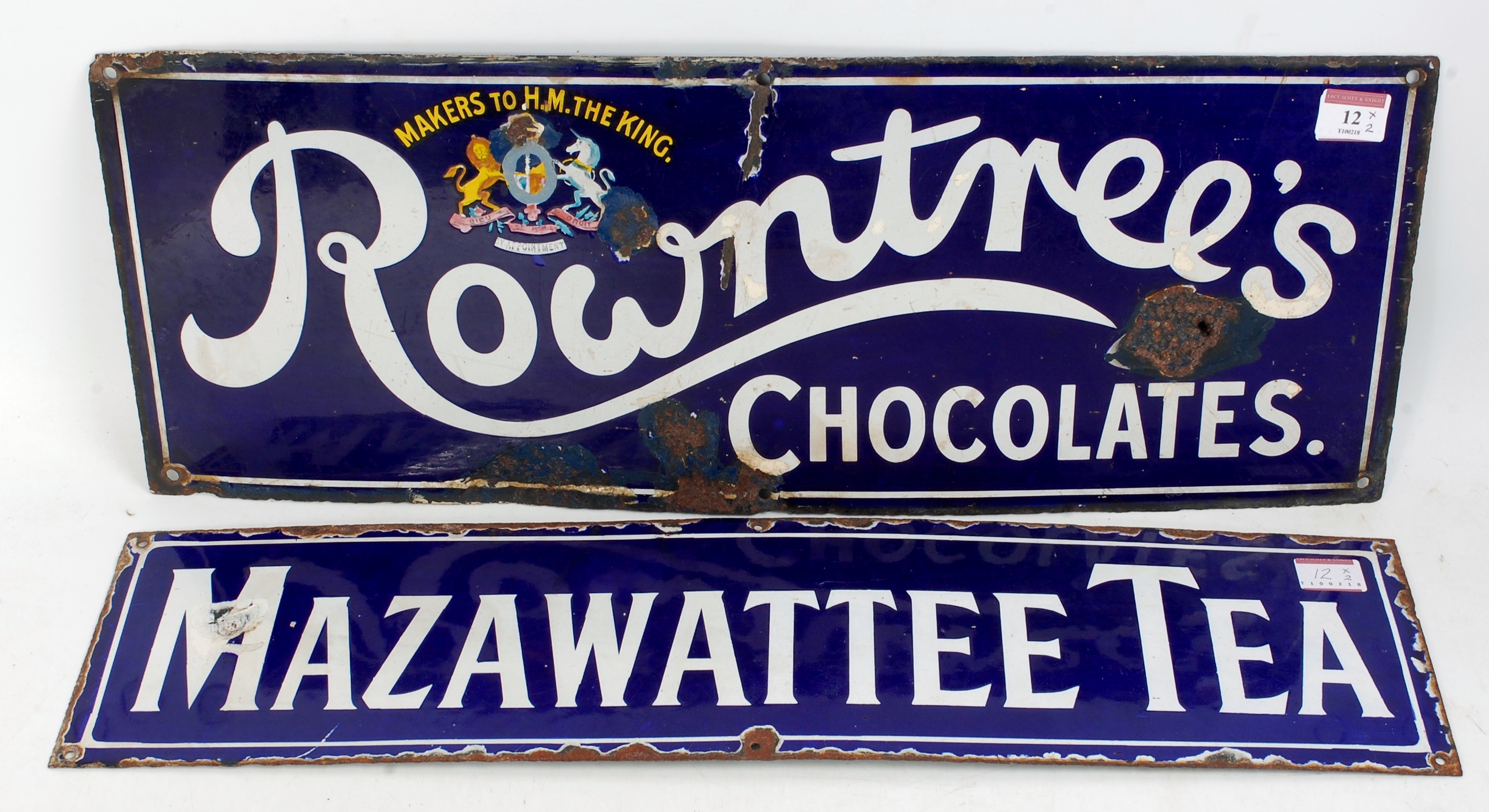 Two enamel advertising signs including 'Rowntrees Chocolates' with several areas of face corrosion