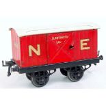 1928-9 Hornby red NE gunpowder van on black open axleguard base with large gold NE,