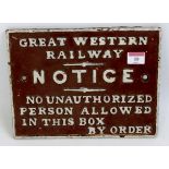 Great Western Railway cast iron sign restricting access to signal boxes with impressed casting