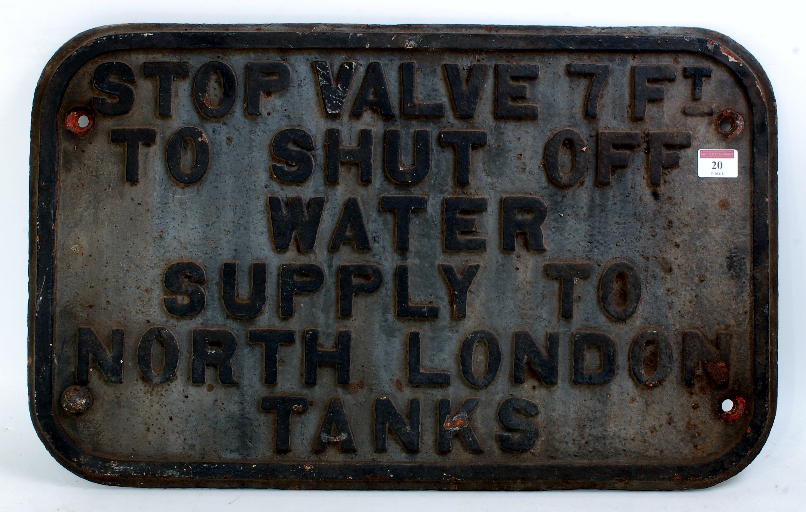 Cast iron sign 'Stop Valve 7ft to shut off water supply to North London tanks' from Broad Street