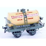 1929-30 Hornby United Dairies Milk tank wagon on grey blue open axleguard base,