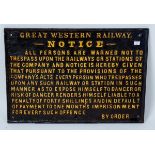 A Great Western Railway cats iron Trespass notice restored a long time ago with brown back ground