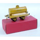 Hornby 1924-7 National Benzole yellow tank wagon on open axleguard base with pressed filler,