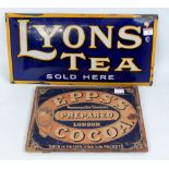Two advertising signs including 'Lyons Tea Sold Here' in slightly convex shape and in excellent
