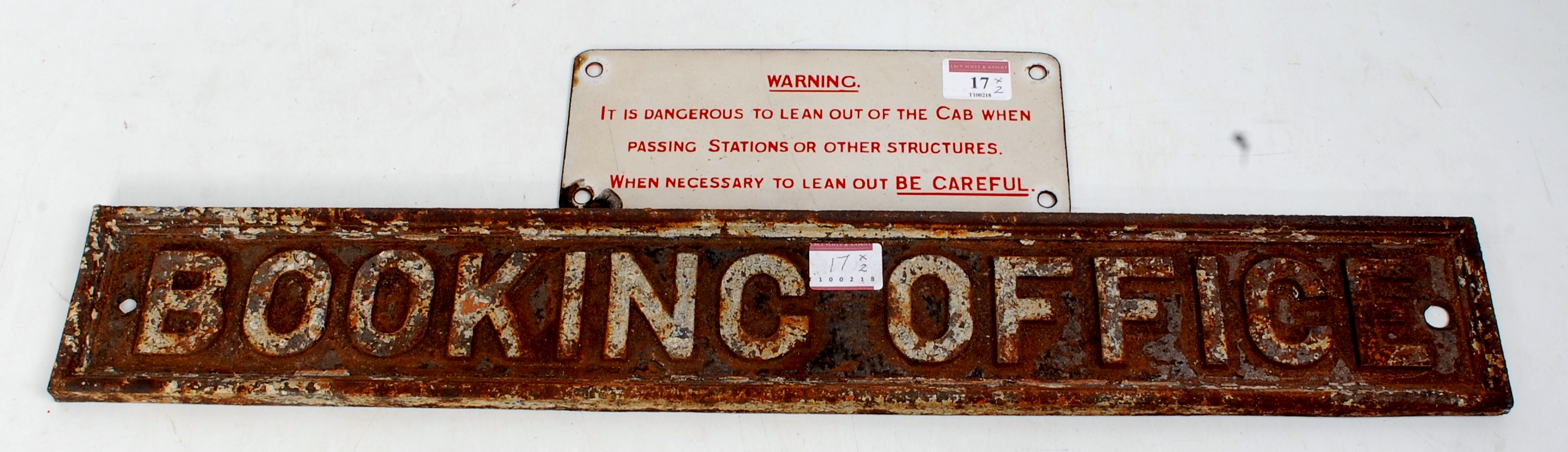 Two railway signs including a red on white enamel example warning against leaning out of a cab