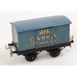 Hornby 1925-8 completely repainted Carrs Biscuits van on black open axleguard base,
