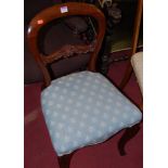 A Victorian mahogany balloon back single dining chair having blue upholstered stuff over seat