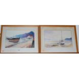 L J Nicholson - Pair; Fishing boats at lowtide, watercolours, each signed lower left,