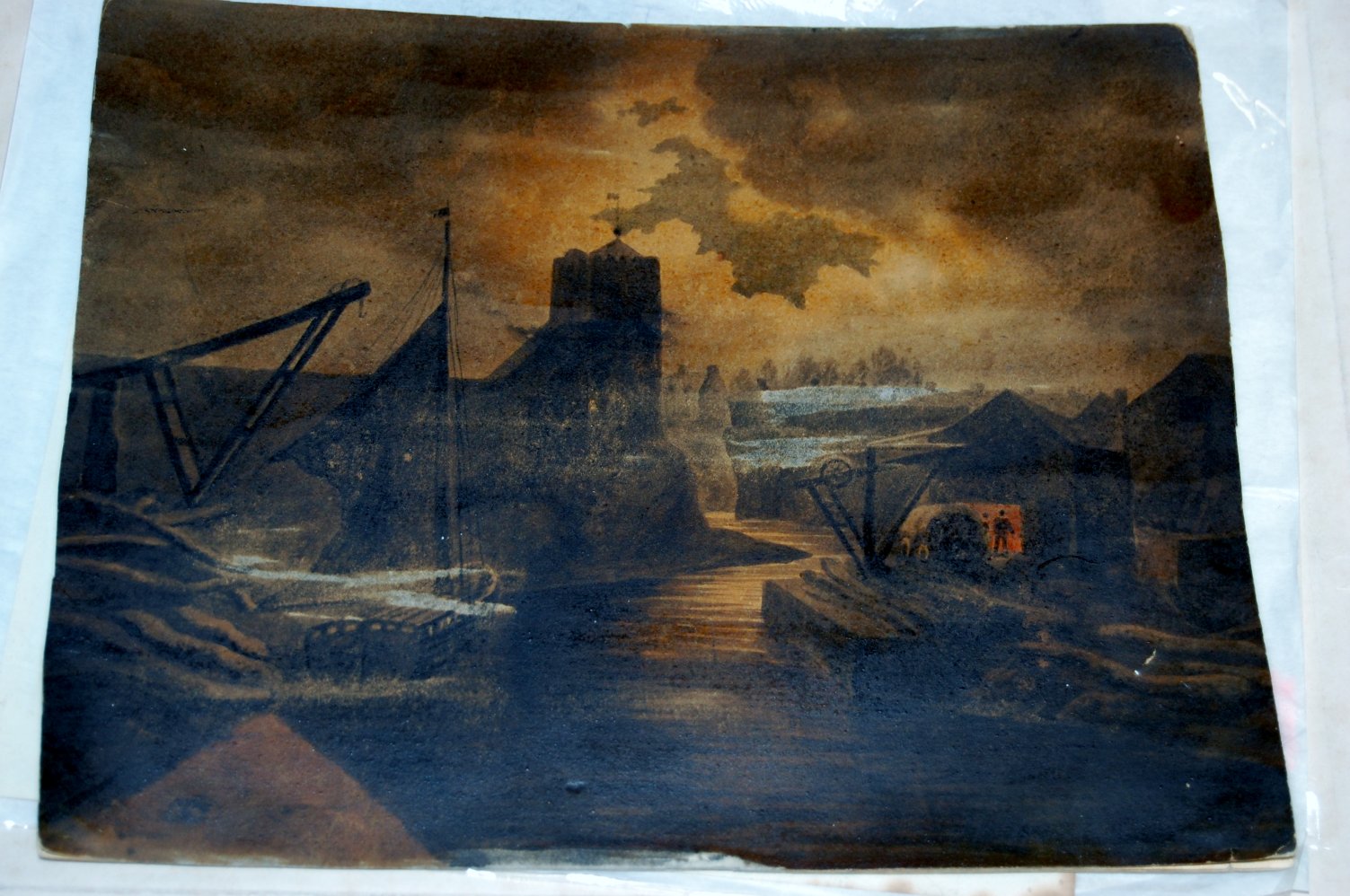 19th century English school - Moonlit harbour, unframed watercolour, 20.