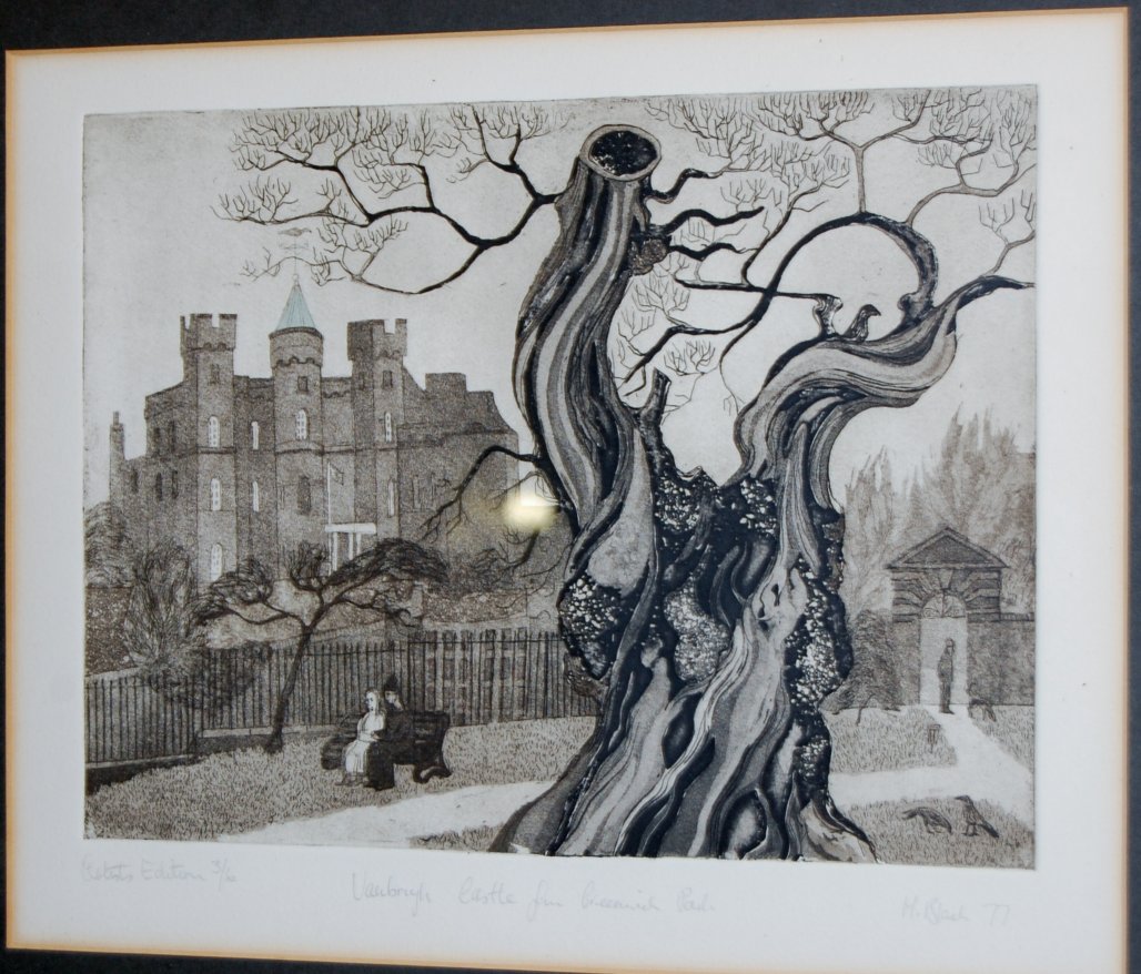 H Blach - Vanbrugh Castle from Greenwich Park, artist edition etching, signed,