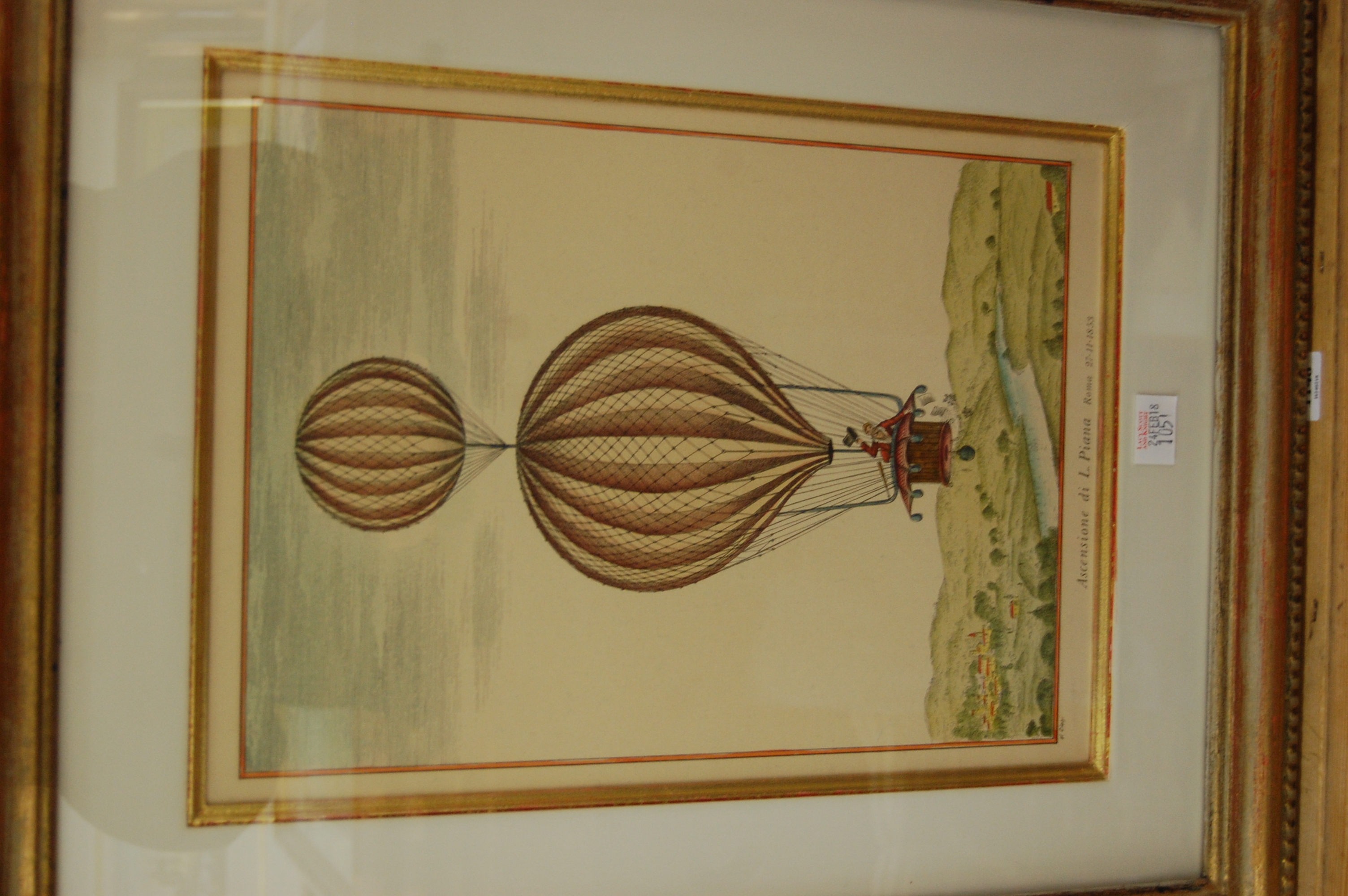 A pair of Italian hand-coloured hot air balloon prints, each 35 x 25. - Image 2 of 3