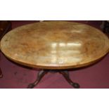 A mid Victorian figured walnut and floral satinwood inlaid oval tilt-top pedestal breakfast table,