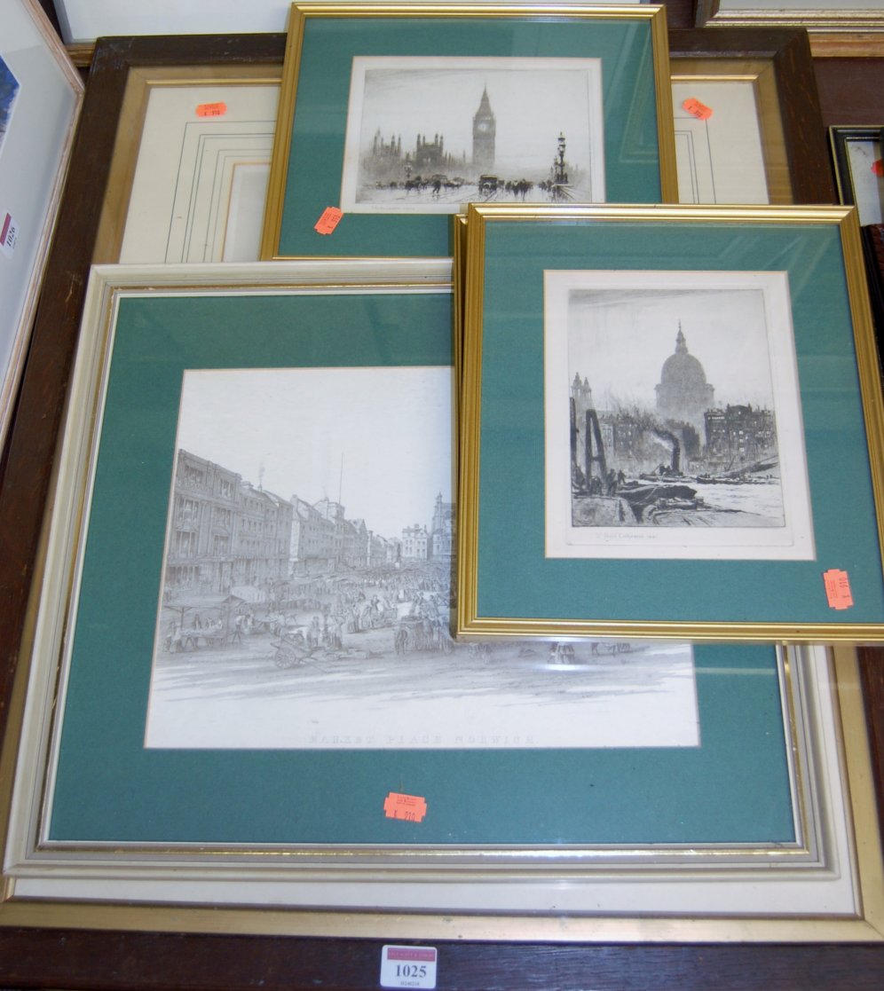 Mixed lot to include; three topographical etchings of London street scenes,