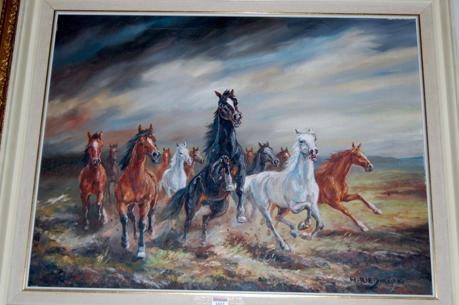 H Riedmann - Gamboling horses, oil on canvas, signed lower right,