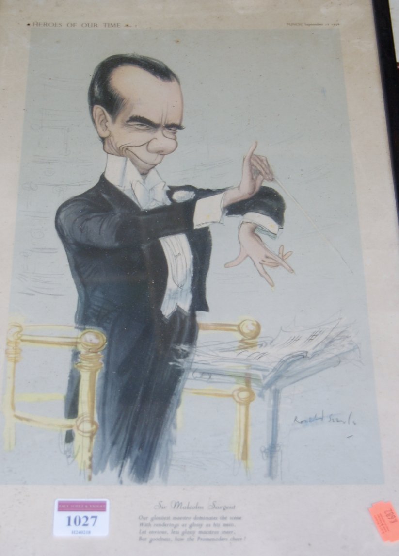 Ronald Searle - Satirical Punch cartoon of Sir Malcolm Sargent; pair of Venetian watercolours;