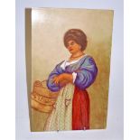 A porcelain plaque, of rectangular form, decorated with a woman in standing pose holding a basket,