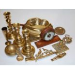 A box of miscellaneous metal wares to include pair of turned brass candlesticks,