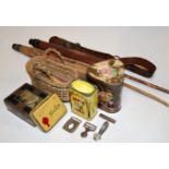 A box of miscellaneous items to include leather belt with white metal Boy Scout buckle,