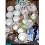 A box of miscellaneous china, to include; a 19th century coffee can and saucer,