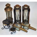 A box of miscellaneous items to include a set of four brass wall lanterns,