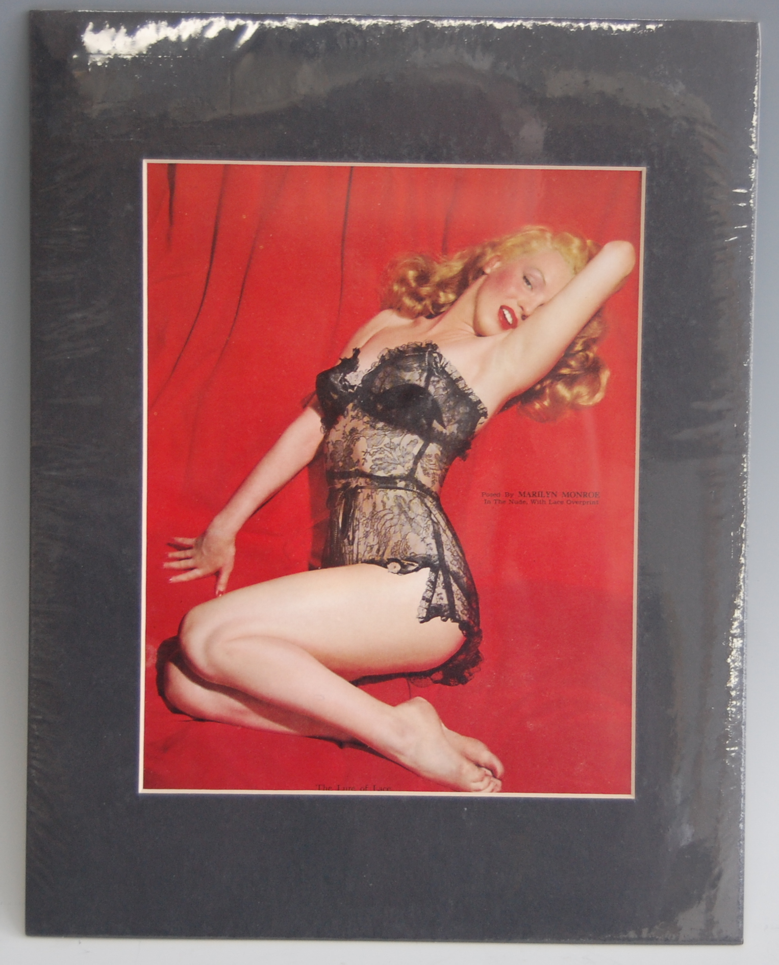 Marilyn Monroe interest - The Lure of Lace lithograph used on 1950s calendar, with lace overprint,