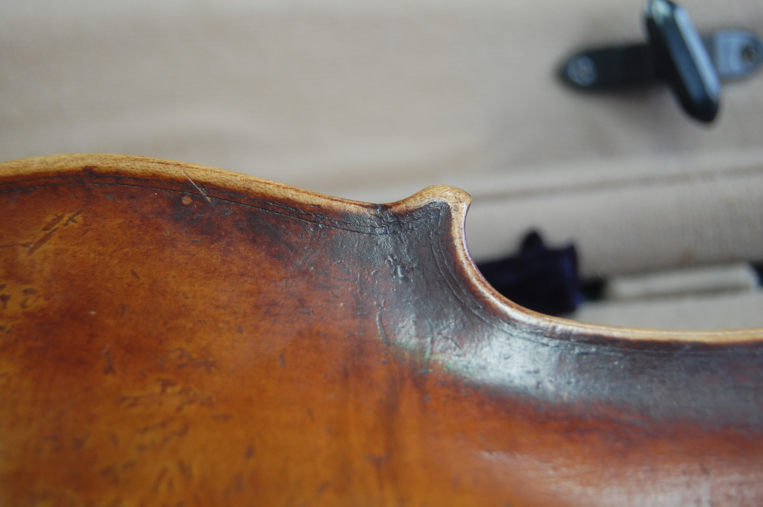 A mid-19th century violin stamped Duke London to back, in later case, 59cm (body 36cm), - Image 7 of 12