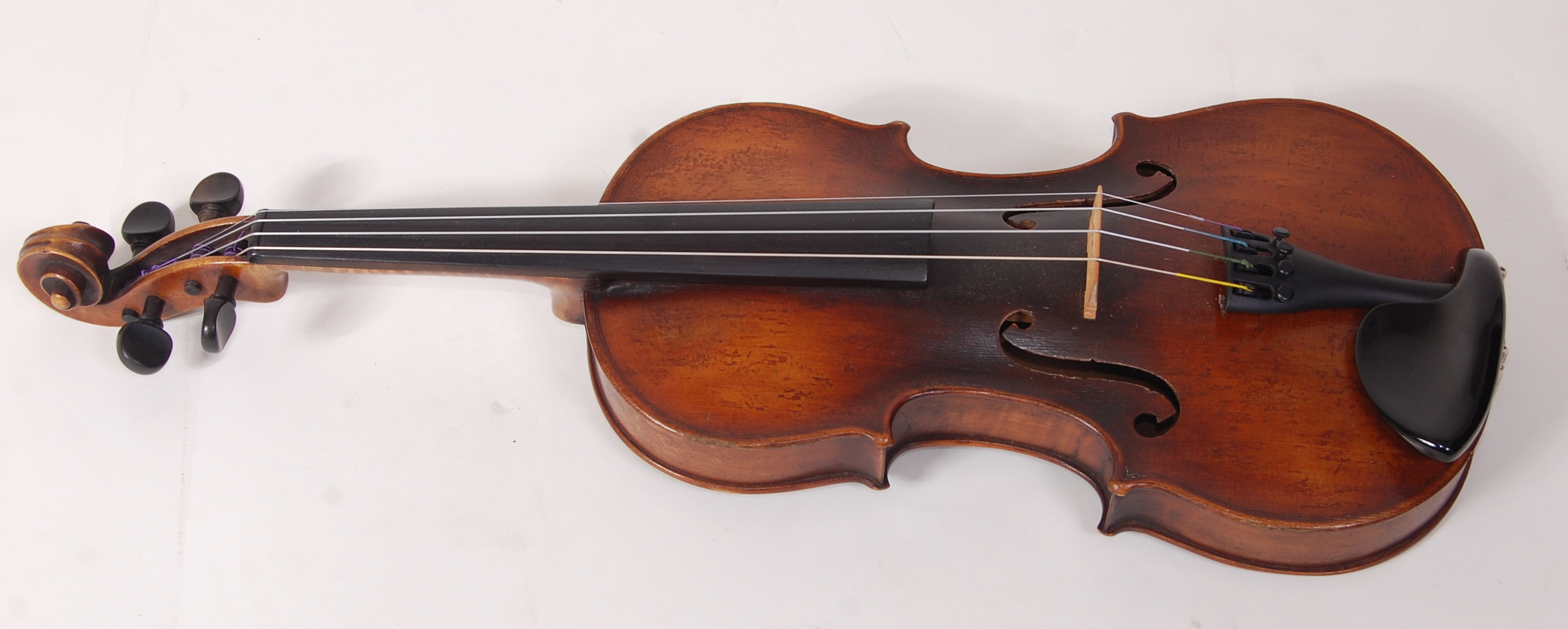 A mid-19th century violin stamped Duke London to back, in later case, 59cm (body 36cm),