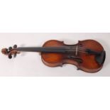 A mid-19th century violin stamped Duke London to back, in later case, 59cm (body 36cm),