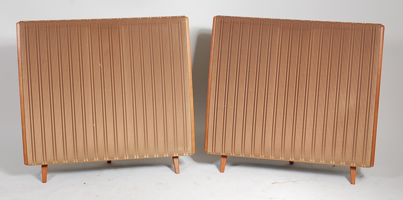 A pair of 1970s Quad freestanding electro-static loudspeakers, each having pierced copper grilles,