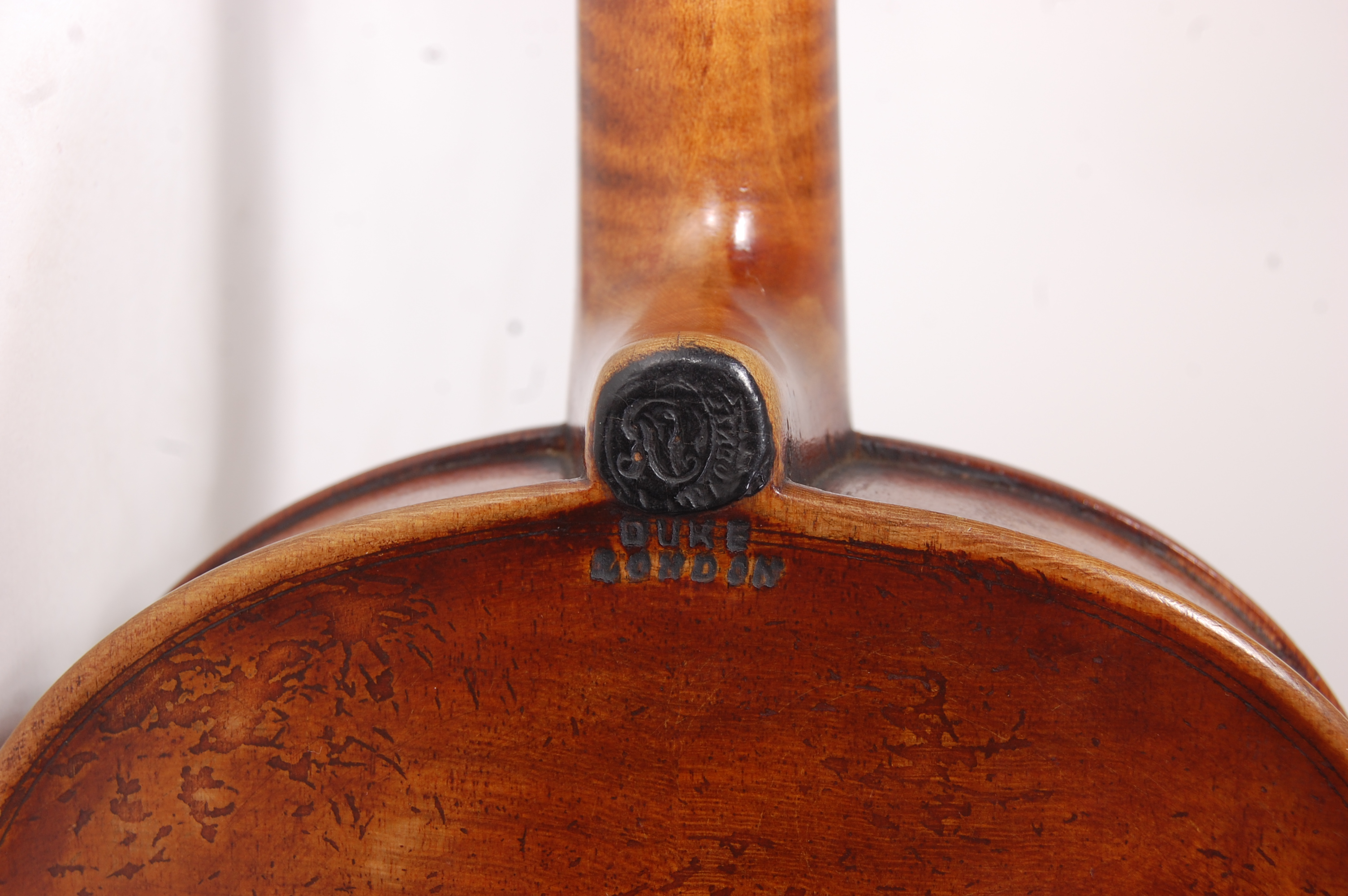 A mid-19th century violin stamped Duke London to back, in later case, 59cm (body 36cm), - Image 6 of 12