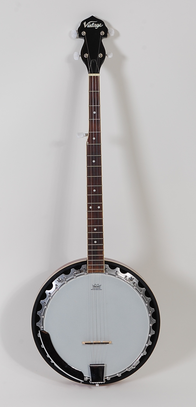 A five-string banjo by Vintage, with 'Reno' Weatherking banjo head,