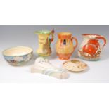 A collection of 1930s pottery wares, to include; an AJ Wilkinson honey glazed footed table bowl,