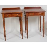 A pair of Regency style single drawer bedside tables, having mahogany and satinwood inlaid tops,