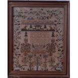 An early 19th century needlework, alphabet, verse and picture sampler, by Mahala Barber Middleton,