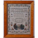 A Victorian needlework alphabet, verse and picture sampler, depicting Warwick Castle,